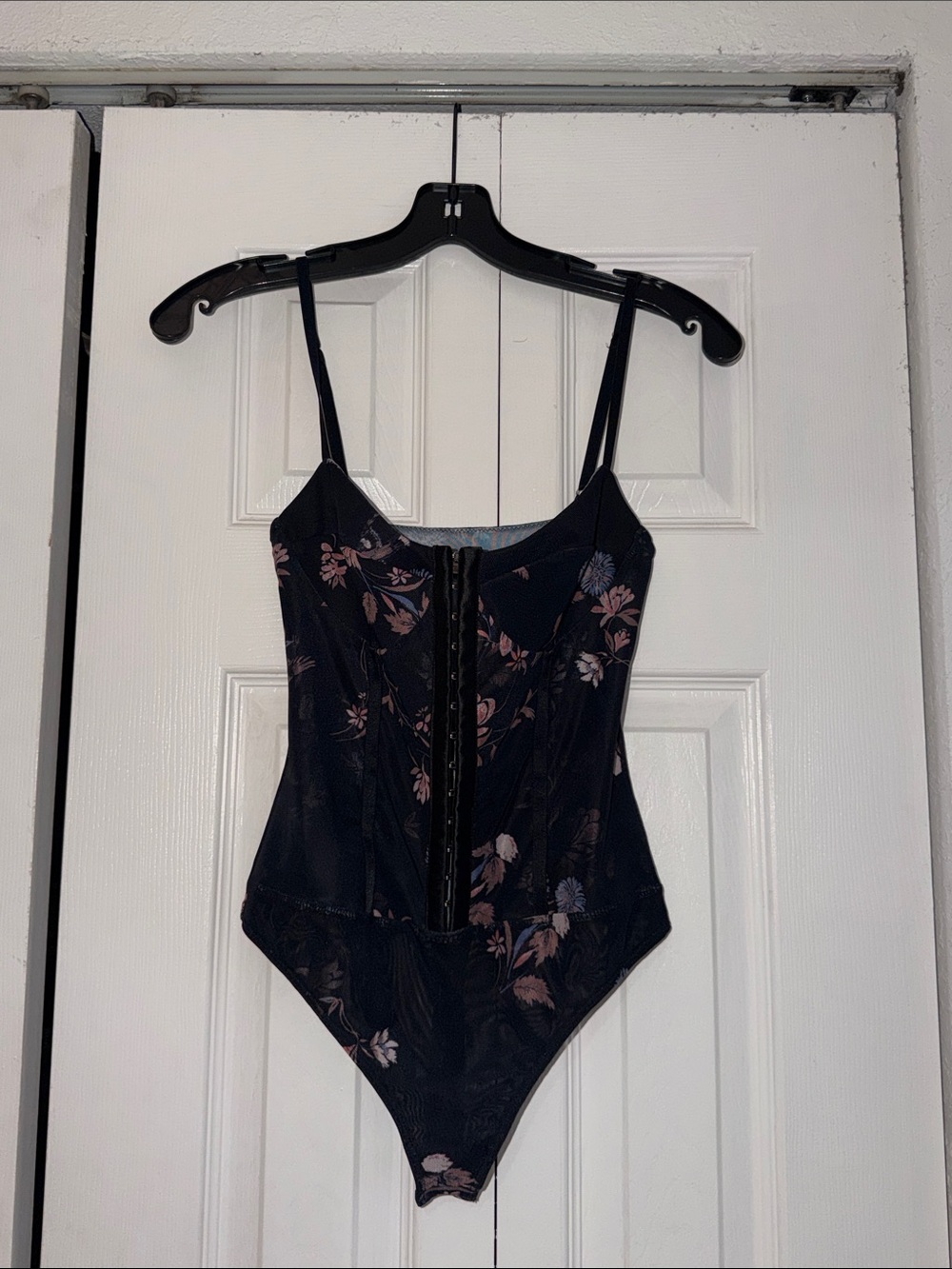 Black Floral Corset-Style Bodysuit with Front Hook Closure